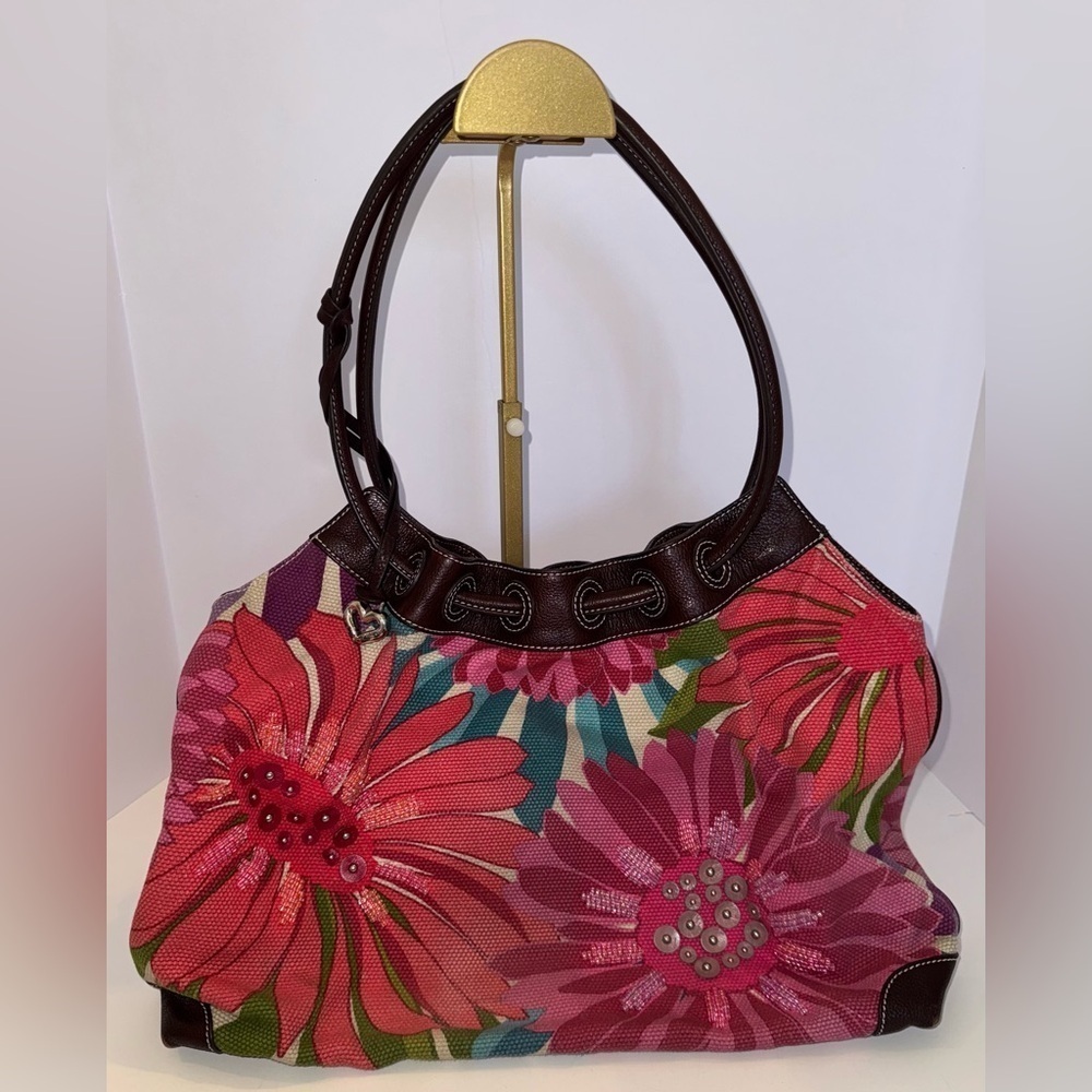 BRIGHTON 3D Flowered embroidered Pink Flowers hobo Shoulder Tote Bag